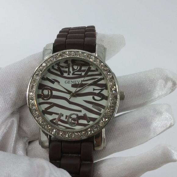 Geneva Chocolate Brown Wristwatch Zebra Animal Print Rhinestone Silicon Rubber - Picture 1 of 9